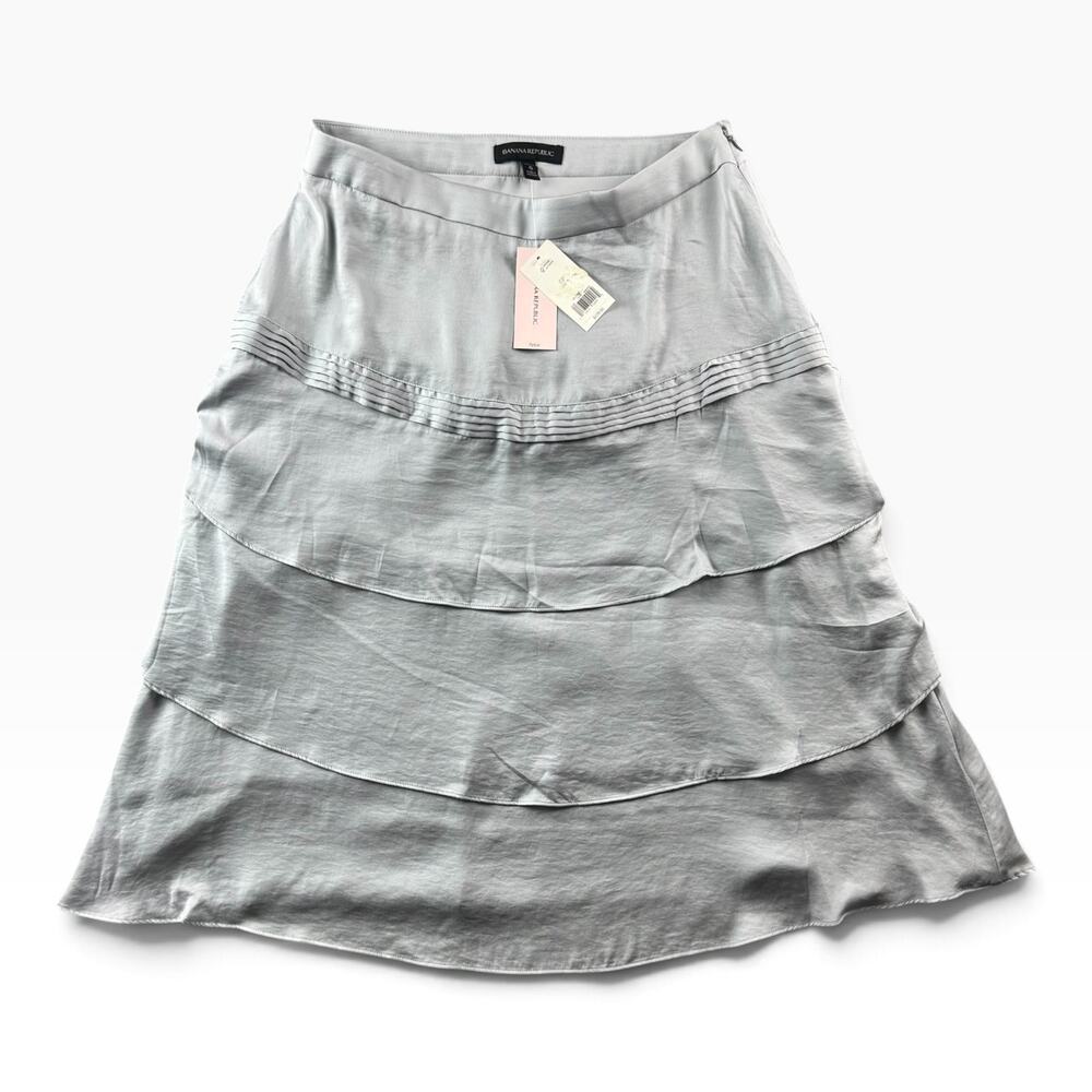 Banana Republic Womens 6 Petite Silver Silky Tiered Ruffle Midi Skirt NWT